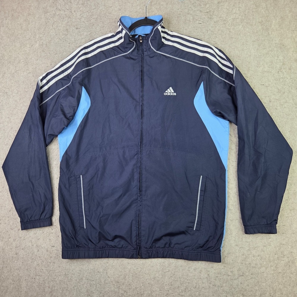 Adidas Windbreaker Track Jacket Mens M Blue Striped Ful Zip Performance